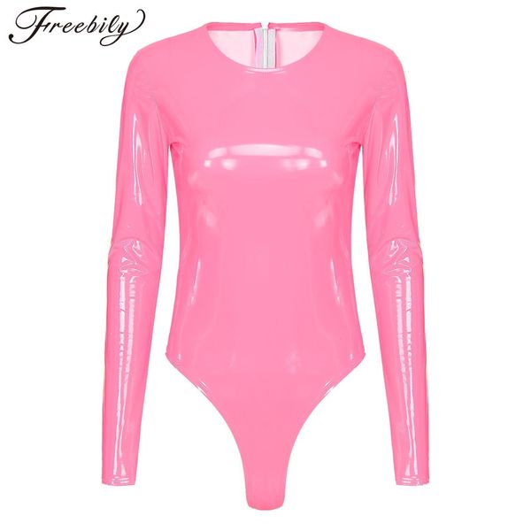 Combinaisons pour femmes barboteuses Sexy femmes néon en cuir PU moulante body Club à manches longues Orange rose vert paillettes combinaison Streetwear fermeture éclair barboteuse dans l'ensemble 230809