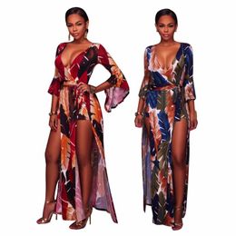 Jumpsuits voor dames rompers sexy vrouwen dunne playsuits split kleding plus size veer print mode veter body jumpsuit bodysuitwomen's