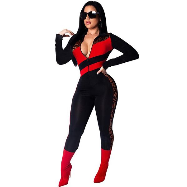 Combinaisons pour femmes Barboteuses Sexy Zipper Deep V-cou Femmes Manches Longues Clubwear Bodycon Party Jumpsuit Imprimer Plus La Taille S-2XL Femme Salopette