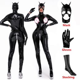 Jumpsuits voor dames rompers sexy ritsjumpper open crotch jumpsuits wetlook pu lederen catsuit vrouwen erotische borst blootstellende kruisloze latex lingerie bodysuit 230310