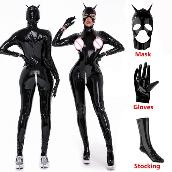 Combinaisons pour femmes Barboteuses Sexy Zipper Ouvert Entrejambe Combinaisons Wetlook PU Cuir Catsuit Femmes Érotique Poitrine Exposant Crotchless Latex Lingerie Body 230310