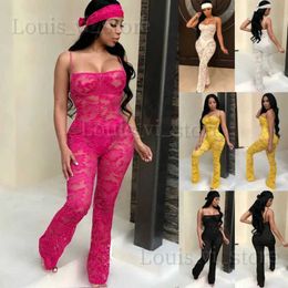 Combinaisons pour femmes Barboteuses Combinaison en dentelle sans manches transparente pour femmes Sexy Voir à travers le bandeau Spaghetti Strap Moulante Barboteuses Night Club Salopette T240221