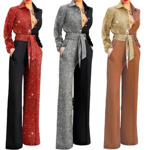 Dames Jumpsuits Rompertjes Overhemdkraag Wijde pijpen Broek Dames Jumpsuit Glanzende lange mouwen Patchwork Kleur Riem Zakken Jumpsuit Zomer 230208