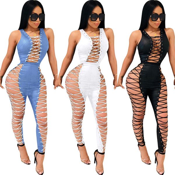 Combinaisons pour femmes Barboteuses Côté Lace Up Sexy Party Combinaison Femmes Été Sans Manches Creux Out Discothèque Globale Skinny Macacao Feminino