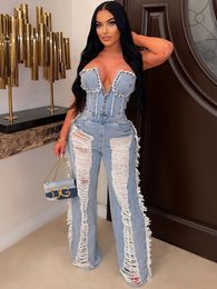 Dames Jumpsuits Rompertjes Sifreyr Strapless Blauwe Denim Jumpsuit Dames Mode Kwastje V-hals Backless Romper Casual Streetwear Wijde Benen Overalls 230607