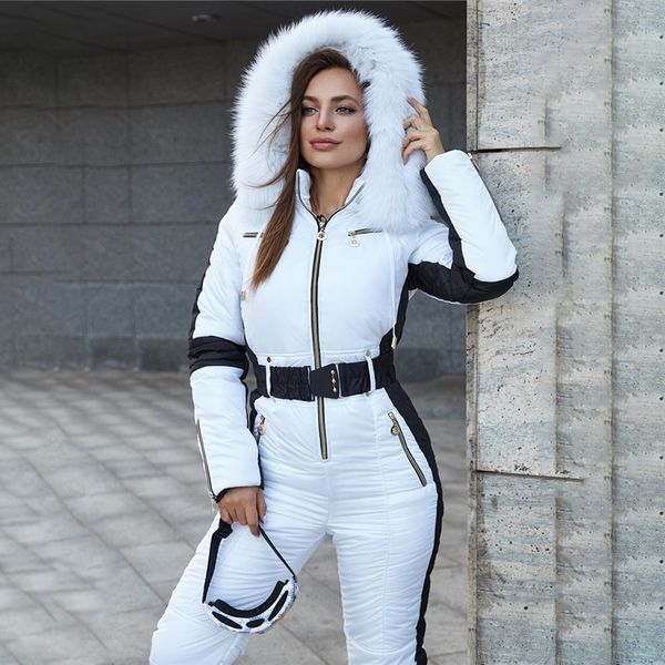 Combinaisons pour femmes Barboteuses Ski Combinaison Femmes Blanc avec Insert Noir Ski Costumes D'hiver Confortable À Capuche En Fausse Fourrure Veste Mode Chaud Femme Pantalon Costume Ensembles 230925