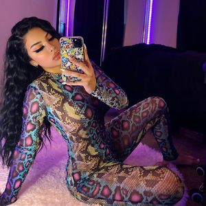 Jumpsuits voor dames rompers slangenprint sexy club bodycon jumpsuit dames backelss feestje lange mouw overalls push up mode fitness 221123