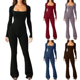 Jumpsuits voor dames Rompertjes Effen jumpsuit met vierkante hals en lange mouwen Casual broek Dames jumpsuit met hoge taille, tailleband en slanke broek met wijde pijpen 231208