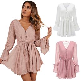 Jumpsuits voor dames rompers Solid Deep V Neck BW Tie Slim Elegte Playsuits Women Flare Sleeve Spring Summer Sexy Short Overalls Plus Sizewo