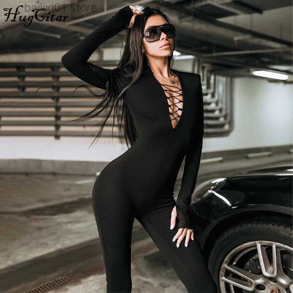 Jumpsuits femeninos Rompers sólidos V cuello mangas largas con hombreras Bodycon Jumpsuit de otoño Invierno Fashion Elegant Club Y2K Sport T230817