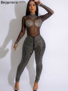 Combinaisons pour femmes Barboteuses Sparkle Mock Neck Noir Strass Mesh Combinaisons New Chic Sheer Mesh Retour Zipper Paillettes Barboteuse Discothèque Tenues T230504