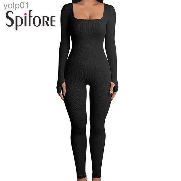 Monos para mujer Mamelucos Spifore Punto acanalado Bodycon Mono para mujer Manga larga Cuello cuadrado Otoño Invierno Mamelucos Moda Casual Monos de una piezaL231017