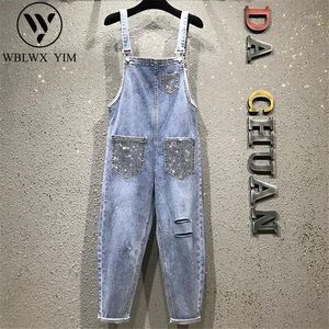 Monos de mujer Mamelucos Primavera Denim Mono Mujer Cintura Alta Pierna Ancha Mameluco Agujero Jeans Monos Mujer Verano Sin Mangas Rhinestone