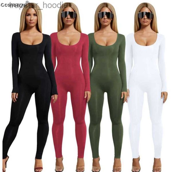 Combinaisons pour femmes Barboteuses Printemps Sexy Noir À Manches Longues Combinaison Blanc Vert Barboteuses Combinaison Pantalon Long Couleurs Unies Décontracté Une Pièce Tenue Femmes Barboteuse L230921