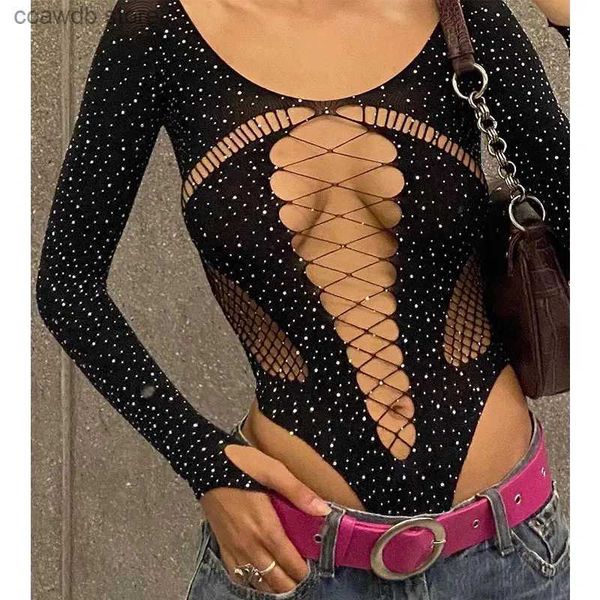 Monos de mujer Mamelucos Verano 2023 Body Sexy Bodys Mujer Medias Rhinestone Manga larga Hollow Out Slim Fit Leotardo Tops Bodystocking Lencería T231106