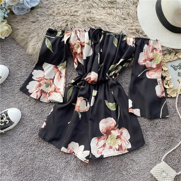 Combinaisons pour femmes Barboteuses Style de plage d'été Combishorts de vacances Boho Flower Print Slash Neck Flare Sleeve Casual Taille haute BodysuitsWomen