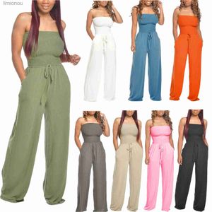 Combinaisons pour femmes Barboteuses Été Bohème Combinaison sans bretelles Couleur unie Hors de l'épaule Bandeau Jambe large Smocks Boho Casual Globalement pour les femmes BeachL240111