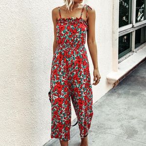 Dames Jumpsuits Rompertjes Zomer Voor Vrouwen Bodysuit 2021 Mode Gedrukt Sling Backless Elastische Taille Rechte Jumpsuit Streetwear