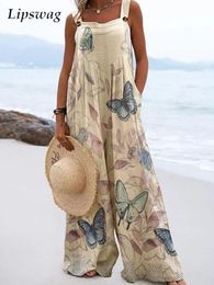 Jumpsuits voor dames rompers zomer spaghetti -riemen losse overalls boho vintage patroon print wide been playsuit dames casual pocket strand rechte jumpsuits 230504