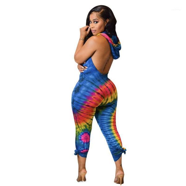 Combinaisons pour femmes Barboteuses D'été Tie Dye Imprimer Sexy Dos Nu À Capuche Combinaison Drapée Col En V Sans Manches Mince Femmes Barboteuse Mode Casual Ove