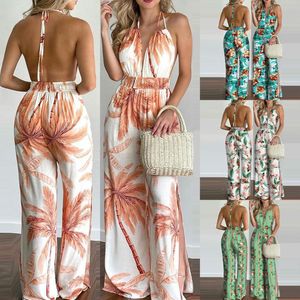 Monos de mujer Mamelucos Trajes de verano para mujer Mono de pierna ancha Estampado tropical Halter Cuello en V