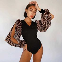 Jumpsuits de mujeres Rompers SummerSexy Skinny Leopard Patchwork Bodysuit Mompers Mujeres Mujer Oficina de moda Lady Lantern Slve Slim Bodysuits Femenino Y240504