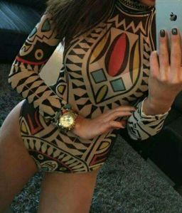 Jumpsuits voor dames rompers tattoo gedrukte korte jumpsuit romper Afrikaanse aztec lange mouw bodysuit 2 kleur s-xl