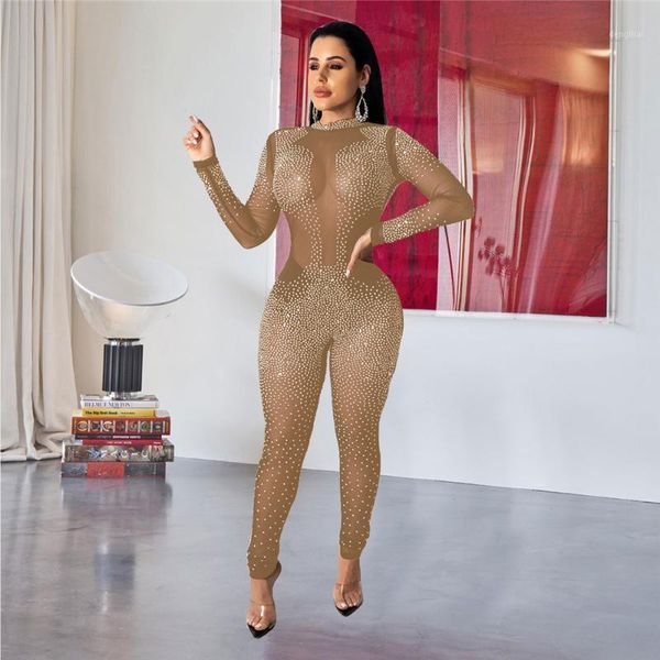 Combinaisons pour femmes Barboteuses Tmustobe Sexy Strass Mesh Combinaison Femmes Perspective À Manches Longues Romper Party Club Salopette Skinny Tenues O