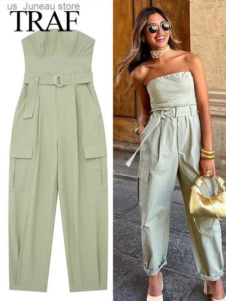 Monos para mujer Mamelucos TRAF 2023 Nueva moda mujer Y2K Mono Sólido Grn con cinturón Slveless Grn Cargo Pantalones Sueltos Chic Ropa femenina Strt T240330