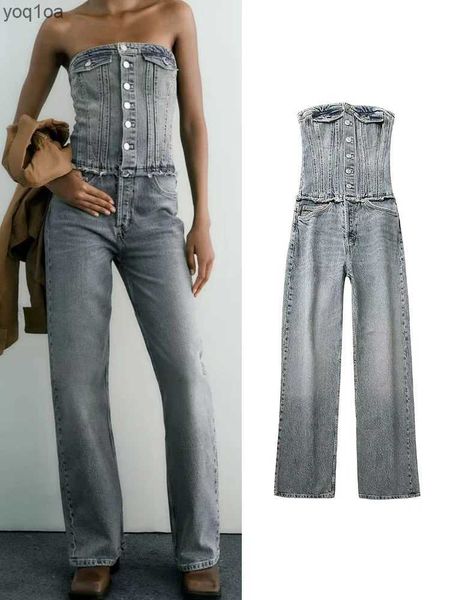 Combinaisons pour femmes Barboteuses TRAF épaules dénudées bleu Jean femme combinaison été Denim combinaison femmes froncé femmes salopette longue Streetwear dos nu JumpsuitL2403