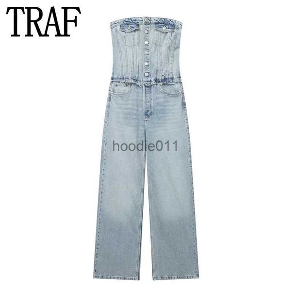 Combinaisons pour femmes Barboteuses TRAF hors épaule Denim combinaison femmes Corset Jean femme combinaison dos nu longues combinaisons femme 2023 été Streetwear salopette L230926