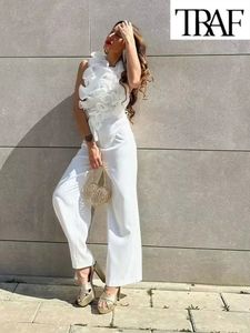 Vrouwen Jumpsuits Rompertjes TRAF Zomer Vrouwen Elegante Effen Ruche Sexy Witte Jumpsuits Mode Lange Jumpsuit met Riem 230615