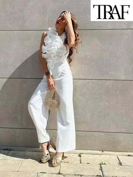 Combinaisons pour femmes Rompers Traf Summer Femmes Elegant Solid Ruffle Sexy White Jumps Contanes Fashion Long Suit avec ceinture 230616