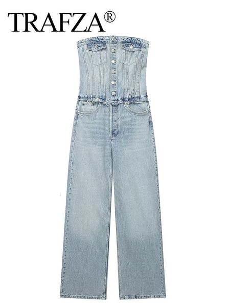 Combinaisons pour femmes Barboteuses TRAFZA Femmes Chic Bouton Denim Avec Tube Top Vintage Casual Dos Nu Élastique Force Femme Streetwear Combishorts 230713