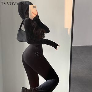 Combinaisons pour femmes Barboteuses TVVOVVIN Mode Noir Velours Mince À Capuche Fermeture Éclair À Manches Longues Flare Pantalon Combinaison Coréenne Sexy Tops 9P64 230630