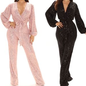 Dames Jumpsuits Rompertjes Tweedelige sets Dames Lovertjes V-hals Lange mouw Hoge taille Bodycon Glanzend Elegant Feest Club Losjes Sexy 220929