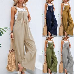 Combinaisons pour femmes barboteuses Vintage coton lin combinaison femmes décontracté bouton solide jambe large jarretelle pantalon avec poches été salopette ample barboteuses 230609