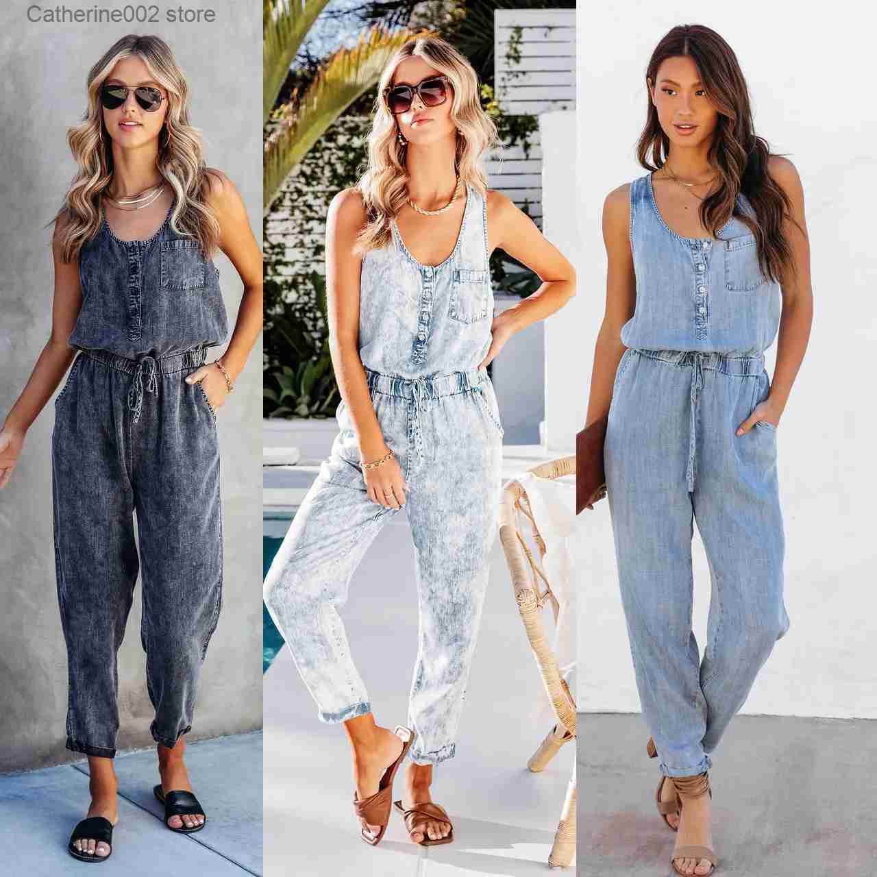 Jumpsuits femeninos Rompers Vintage Denim Everlys Summer 2023 Pantalones nuevos Jeans Loose Jeans Jumpsuits Casual All Match Rompers Pockets Office T231023
