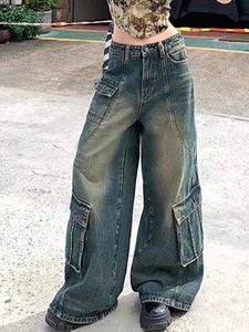 Combinaisons pour femmes Barboteuses Vintage taille haute jean épissé poche jambe large pantalon cargo polyvalent droit pantalon ample lavage usé mou 231213