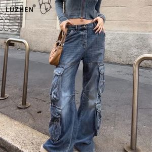 Combinaisons pour femmes Barboteuses Vintage Poche Jean Streetwear Taille moyenne Baggy Jambe large Pantalon cargo droit Automne Trash Y2k Denim Pantalon 2023 231213