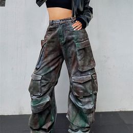 Женские комбинезоны, комбинезоны, винтажные уличные джинсовые осенние красочные свободные комбинезоны, грязные брюки, модные широкие брюки в стиле панк-рок 230919