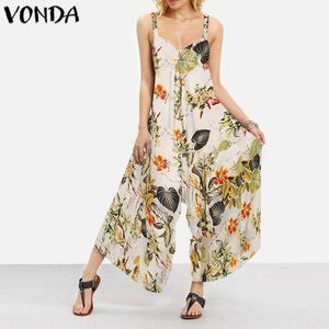 Combinaisons pour femmes Barboteuses VONDA Summer Salopette 2023 Femmes Sexy Sans manches Vintage Floral Imprimer Large Jambe Plus Taille Rétro Combishorts Femme