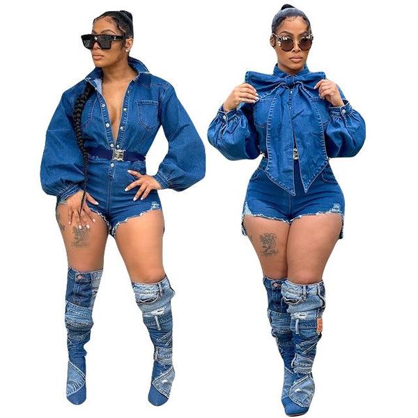 Monos de mujer Mamelucos Mujer Manga larga Denim Jean Mono corto Color sólido Bowknot Botón frontal Linterna Body Sin cinturón S-3XL 3527