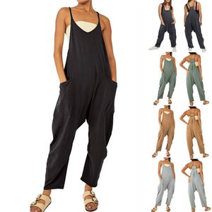 Monos de mujer Mamelucos Mujer Mono casual Verano Sólido Suelto Pantalones de pierna ancha Monos de peto Bolsillo de moda Sin mangas Correa Baggy Streetwear Mamelucos 230717