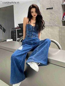 Jumpsuits voor dames Rompertjes Dames Denim Jumpsuit Iets dik Hot Girls Sexy Tube Top Koreaanse stijl Sexy overalls Slanke hoge taille Een stuk Wijde pijpen broek L230926