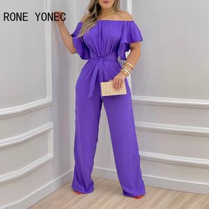 Jumpsuits voor dames rompers vrouwen elegante massieve korte ruches mouwen schuine kraag