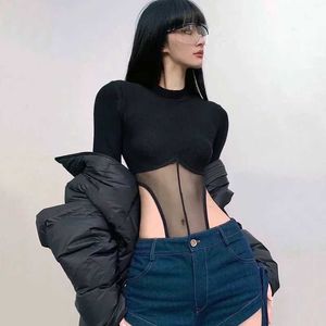 Combinaisons pour femmes Rompères Femmes High Neck Corset Mesh inserts Bodys Sexy Long Slved BodySuit Y240504