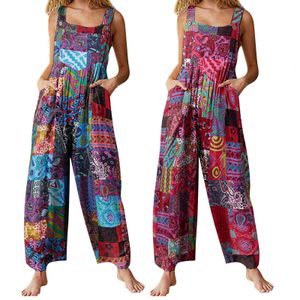 Combinaisons pour femmes Barboteuses Femmes Combinaisons Salopette d'été Multicolore Style Ethnique Col Carré Sans Manches Barboteuses Décontractées avec Poches pour Filles Combishort 230310