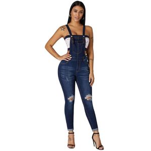 Combinaisons pour femmes Barboteuses Femmes Bleu clair foncé avec trou Femal Fashion Denim Laidback Distressed Salopette Bon Pantalon Couplet Pantalon Sus