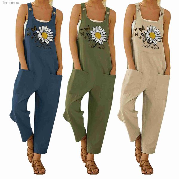 Monos para mujer, monos holgados para mujer, monos con estampado de mariposas y flores, monos sin mangas con cuello en forma de U, monos informales de verano para mujer L240111